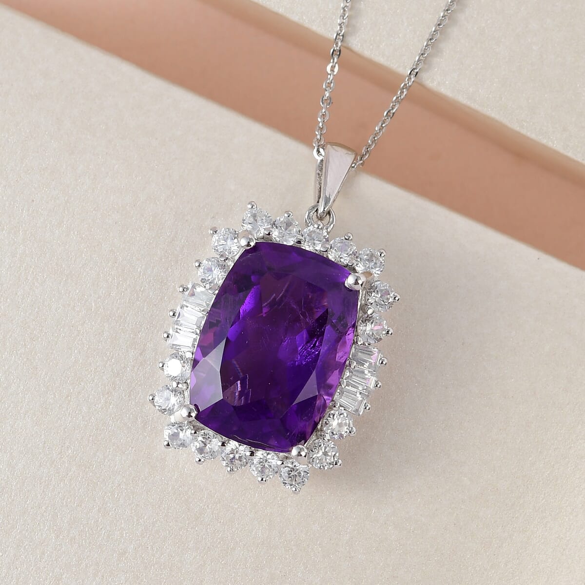 AAA Amethyst and Natural White Zircon Halo Pendant Necklace 20 Inches in Platinum Over Sterling Silver 15.15 ctw image number 1
