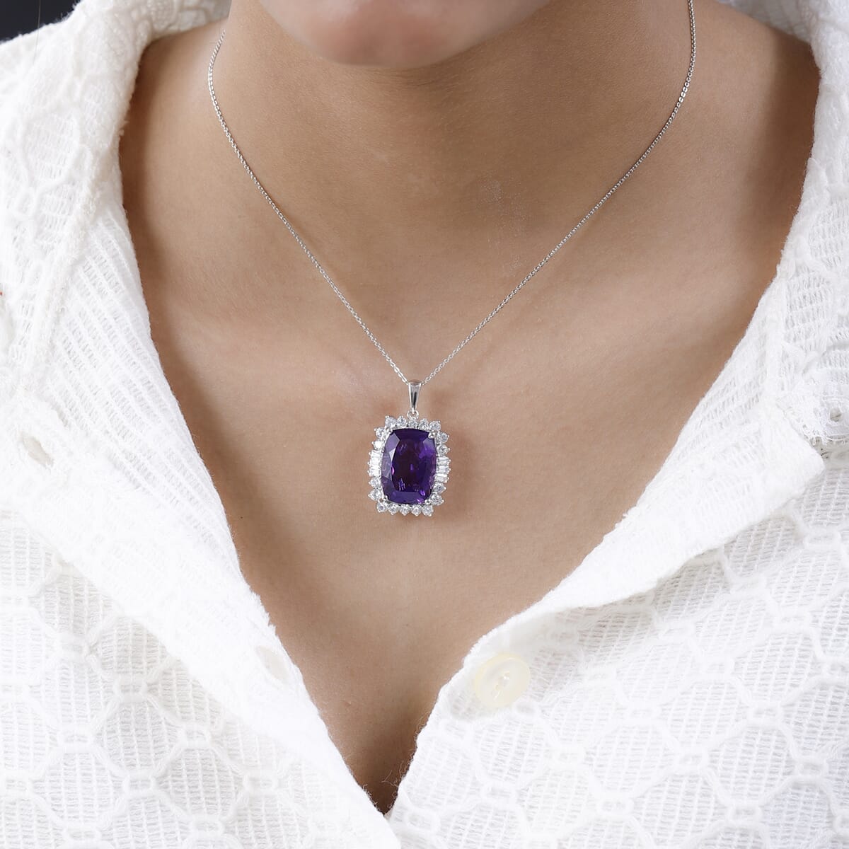 AAA Amethyst and Natural White Zircon Halo Pendant Necklace 20 Inches in Platinum Over Sterling Silver 15.15 ctw image number 2
