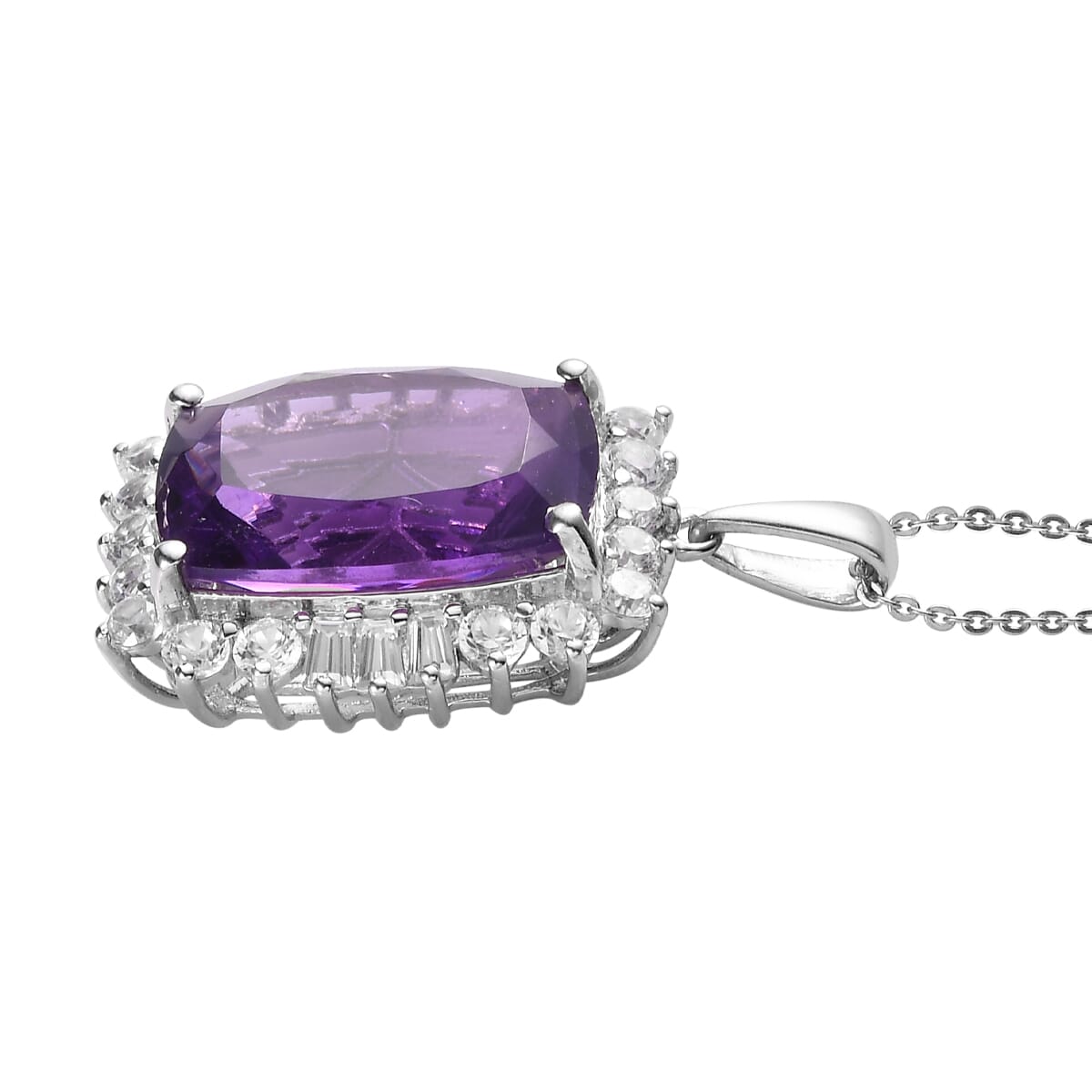 AAA Amethyst and Natural White Zircon Halo Pendant Necklace 20 Inches in Platinum Over Sterling Silver 15.15 ctw image number 3