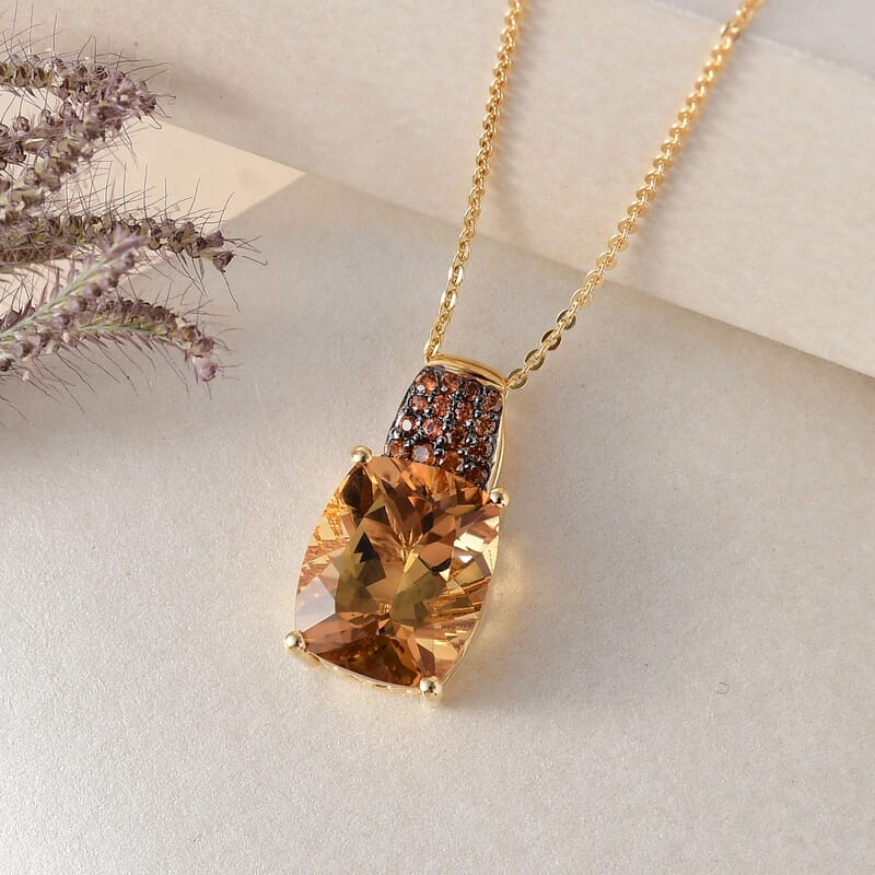 Golden Scapolite and Brown Zircon Pendant Necklace 20 Inches in Vermeil Yellow Gold Over Sterling Silver 5.10 ctw