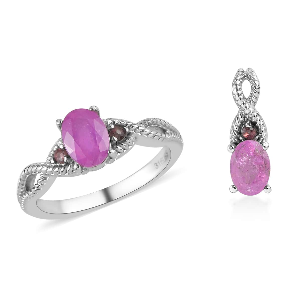 Ilakaka Hot Pink Sapphire (FF) and Morro Redondo Pink Tourmaline Ring (Size 6.00) and Pendant in Stainless Steel 2.50 ctw image number 0