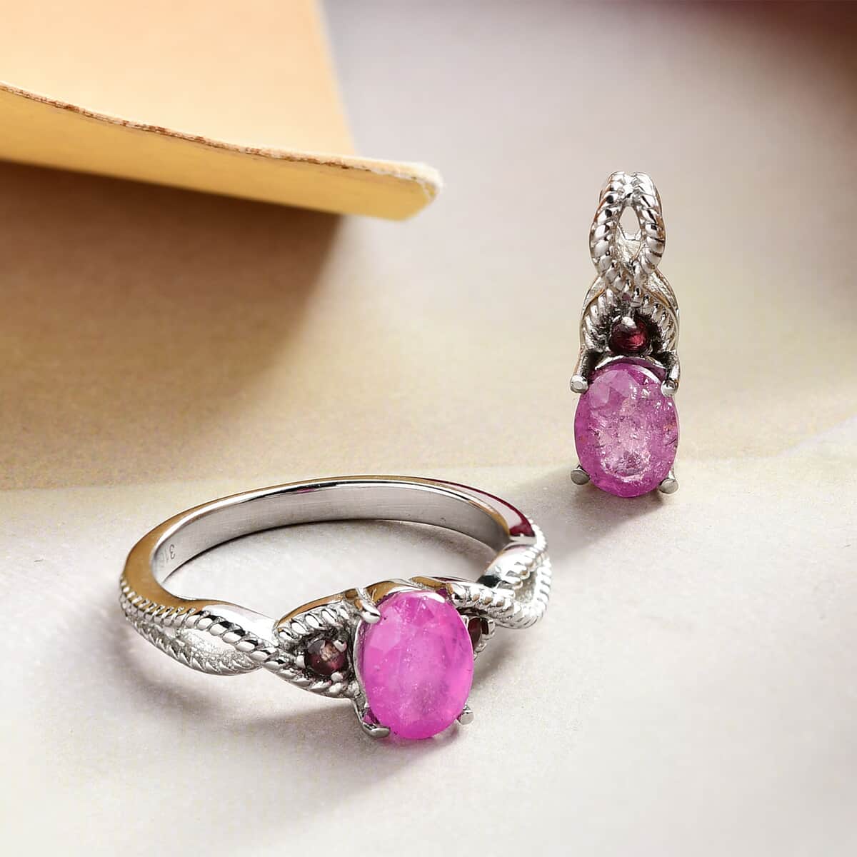 Ilakaka Hot Pink Sapphire (FF) and Morro Redondo Pink Tourmaline Ring (Size 6.00) and Pendant in Stainless Steel 2.50 ctw image number 1