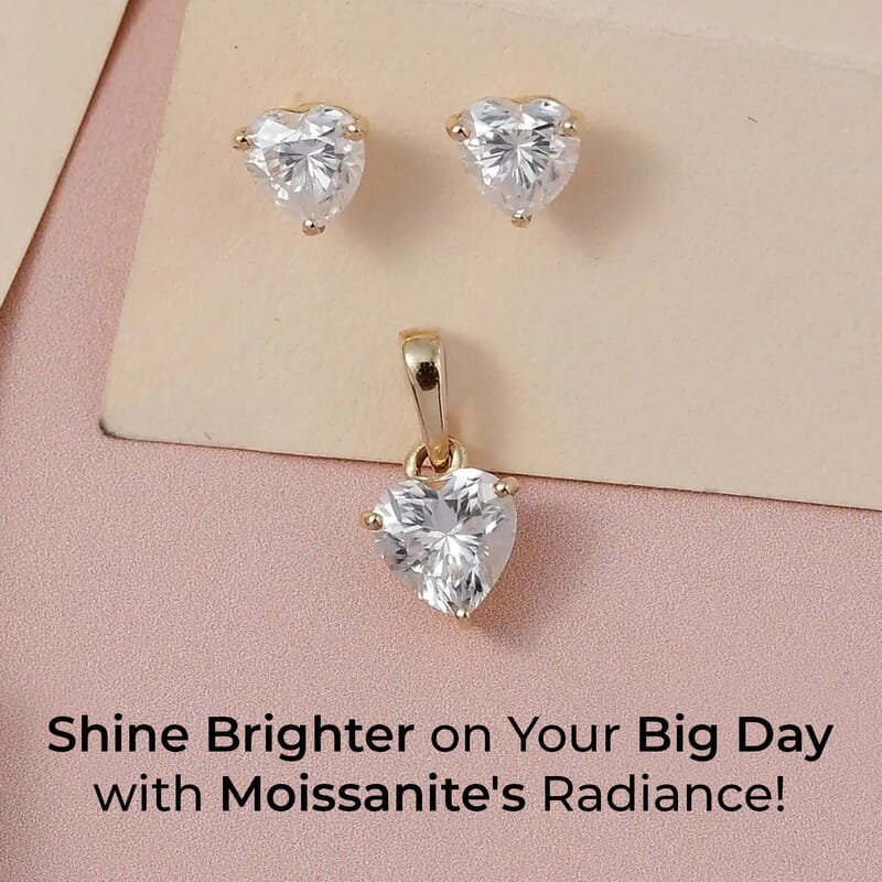 Luxoro Moissanite Jewelry Set, 10K Yellow Gold Jewelry Set, Moissanite Heart Shape Pendant, Moissanite Heart Shape Stud Earrings 1.75 ctw