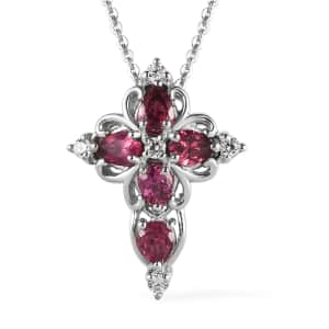 Natural Wine Garnet Necklace in Sterling Silver, White Zircon Necklace, Cross Pendant, Religious Jewelry (20 Inches) 1.25 ctw