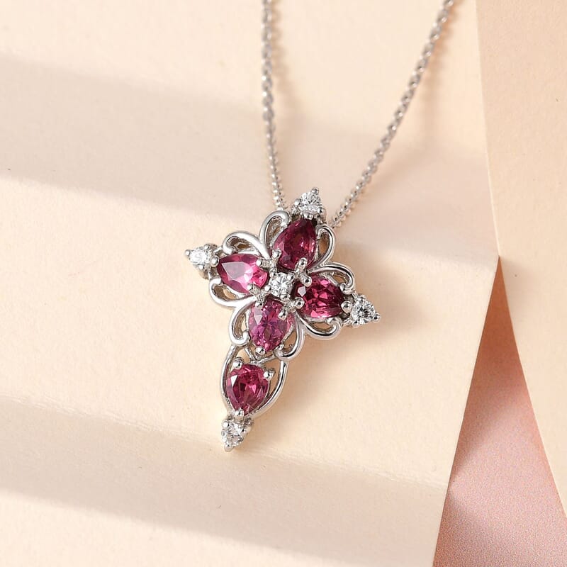 Natural Wine Garnet Necklace in Sterling Silver, White Zircon Necklace, Cross Pendant, Religious Jewelry (20 Inches) 1.25 ctw