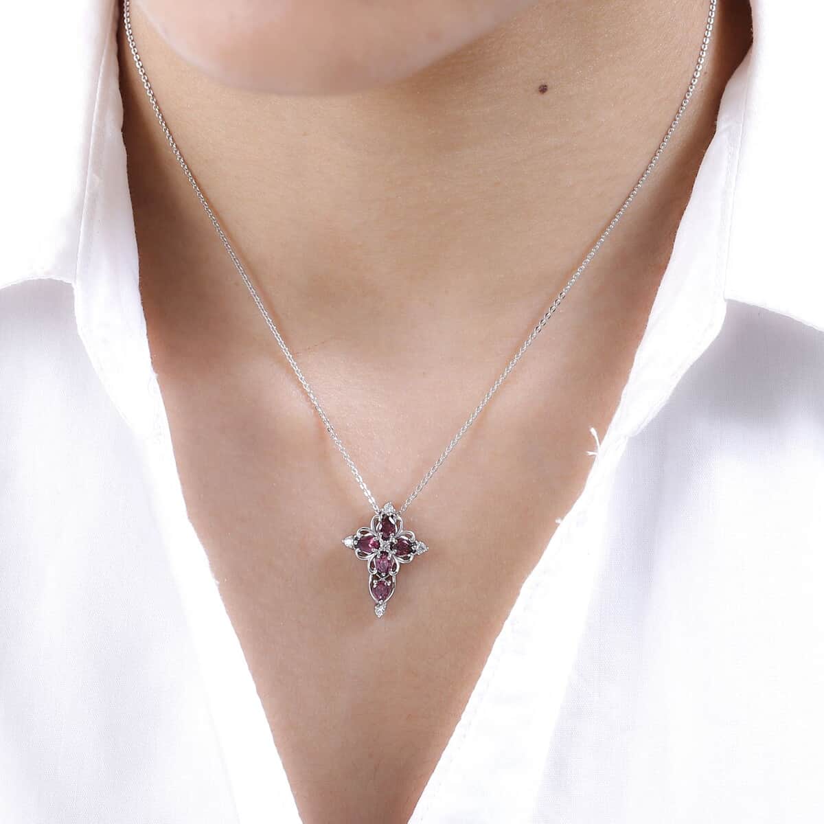 Natural Wine Garnet Necklace in Sterling Silver, White Zircon Necklace, Cross Pendant, Religious Jewelry (20 Inches) 1.25 ctw image number 2