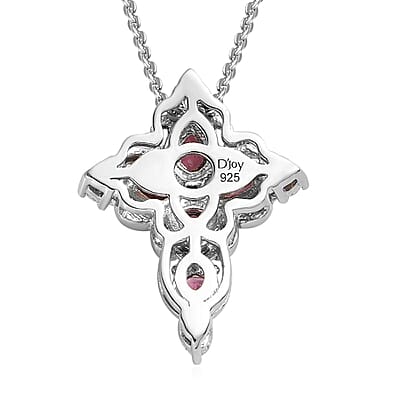 Natural Wine Garnet Necklace in Sterling Silver, White Zircon Necklace, Cross Pendant, Religious Jewelry (20 Inches) 1.25 ctw