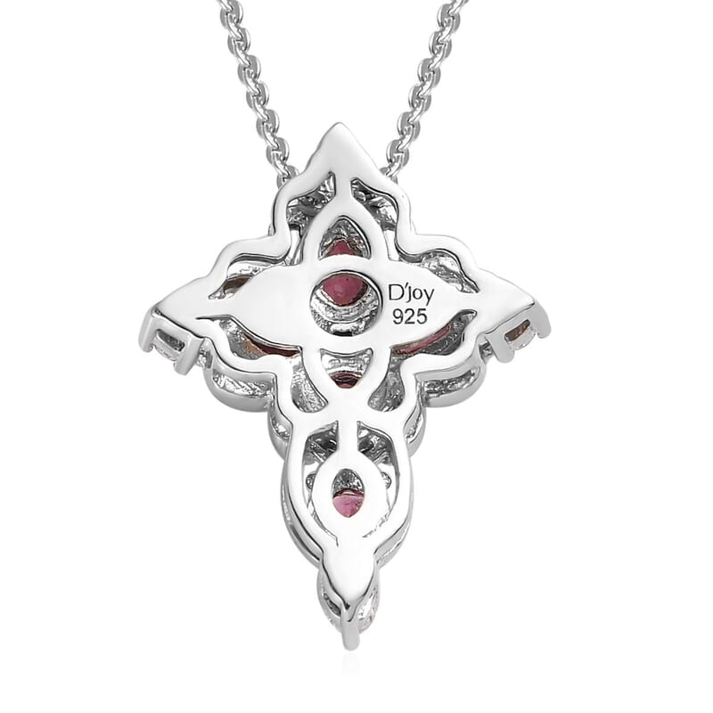 Natural Wine Garnet Necklace in Sterling Silver, White Zircon Necklace, Cross Pendant, Religious Jewelry (20 Inches) 1.25 ctw
