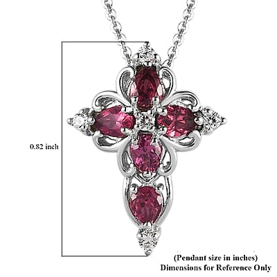 Natural Wine Garnet Necklace in Sterling Silver, White Zircon Necklace, Cross Pendant, Religious Jewelry (20 Inches) 1.25 ctw