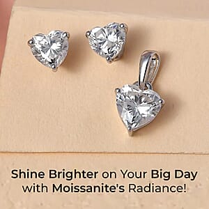 Luxoro Moissanite Jewelry Set,10K White Gold Jewelry Set, Moissanite Heart Shape Pendant, Moissanite Heart Shape Stud Earrings 1.75 ctw