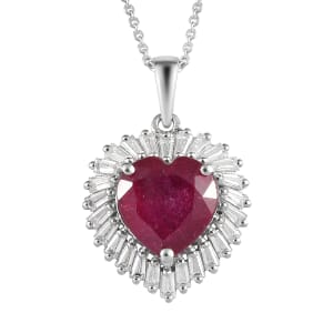 AAA Niassa Ruby (FF) and Moissanite 6.15 ctw Heart Halo Pendant Necklace 20 Inches in Platinum Over Sterling Silver