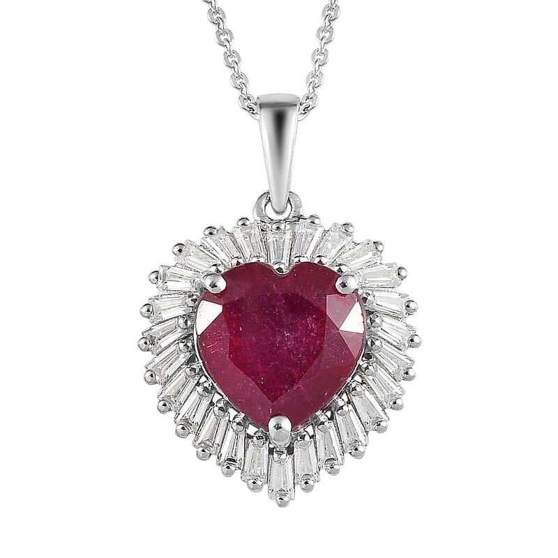 AAA Niassa Ruby (FF) and Moissanite 6.15 ctw Heart Halo Pendant Necklace 20 Inches in Platinum Over Sterling Silver