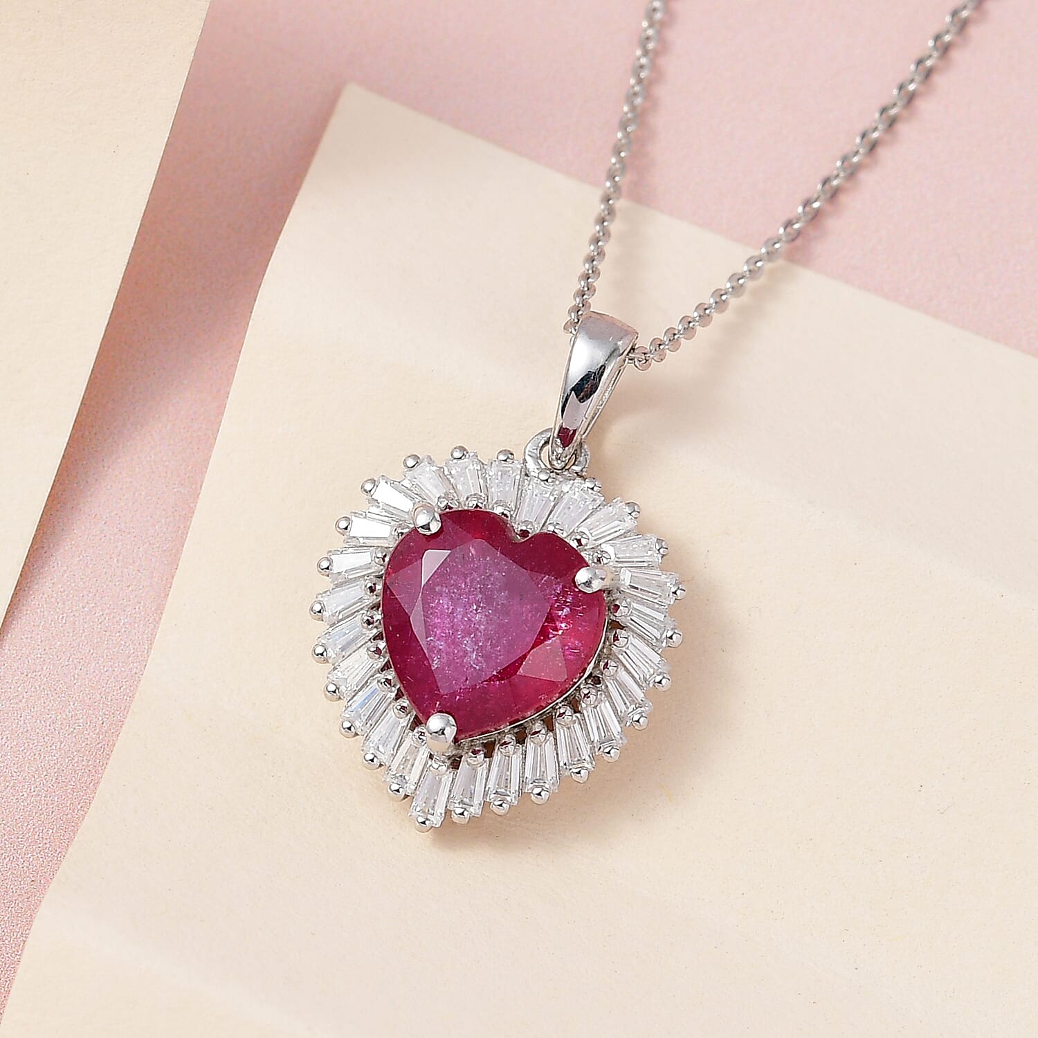 AAA Niassa Ruby (FF) and Moissanite 6.15 ctw Heart Halo Pendant Necklace 20 Inches in Platinum Over Sterling Silver