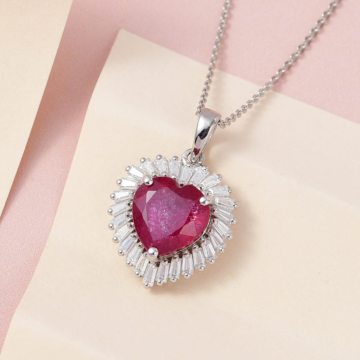 AAA Niassa Ruby (FF) and Moissanite 6.15 ctw Heart Halo Pendant Necklace 20 Inches in Platinum Over Sterling Silver image number 1