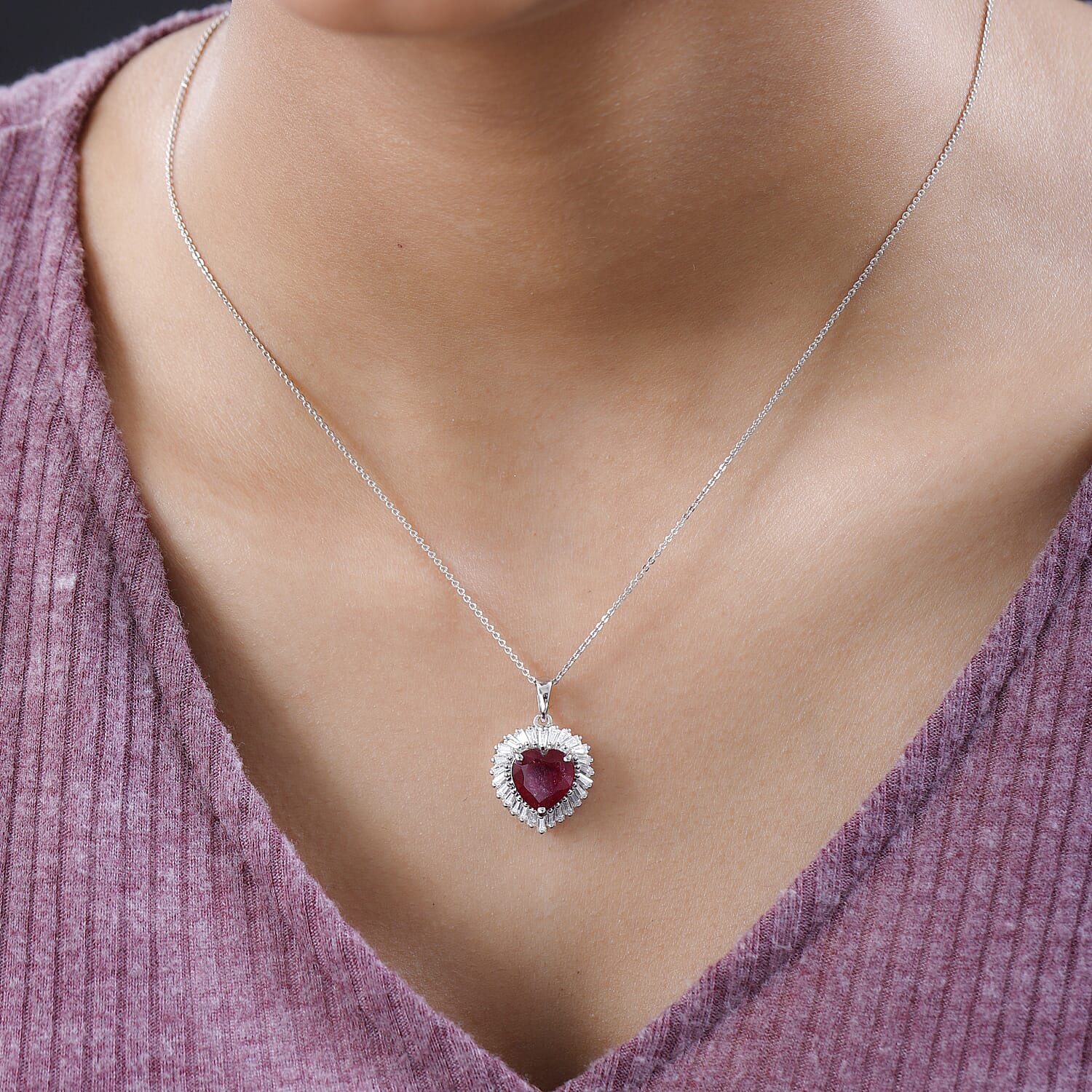 AAA Niassa Ruby (FF) and Moissanite 6.15 ctw Heart Halo Pendant Necklace 20 Inches in Platinum Over Sterling Silver