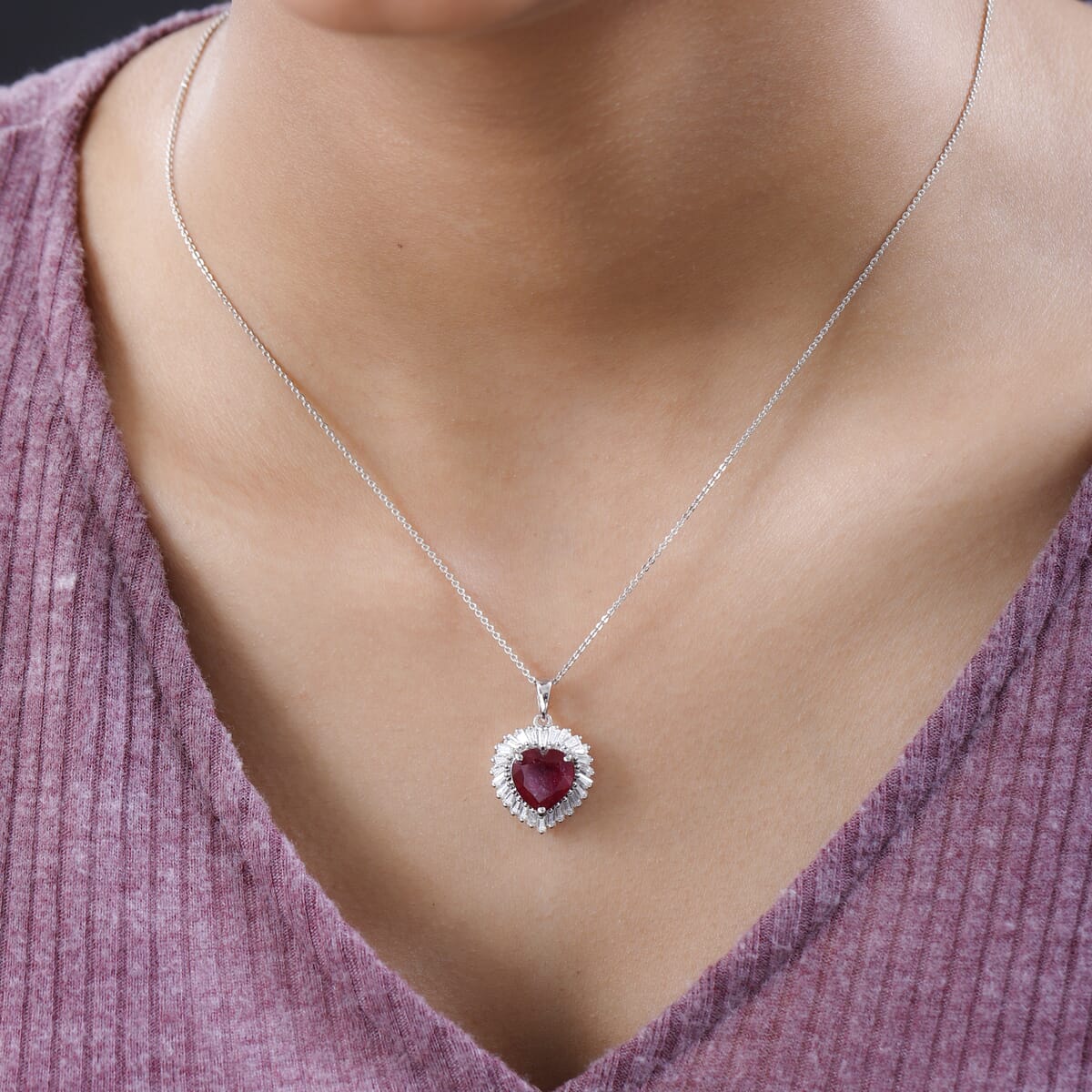 AAA Niassa Ruby (FF) and Moissanite 6.15 ctw Heart Halo Pendant Necklace 20 Inches in Platinum Over Sterling Silver image number 2