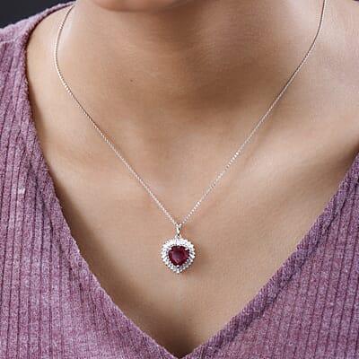 AAA Niassa Ruby (FF) and Moissanite 6.15 ctw Heart Halo Pendant Necklace 20 Inches in Platinum Over Sterling Silver