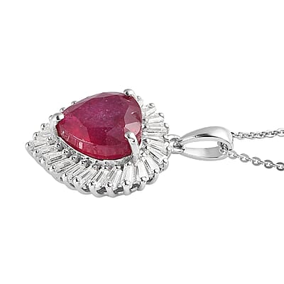 AAA Niassa Ruby (FF) and Moissanite 6.15 ctw Heart Halo Pendant Necklace 20 Inches in Platinum Over Sterling Silver