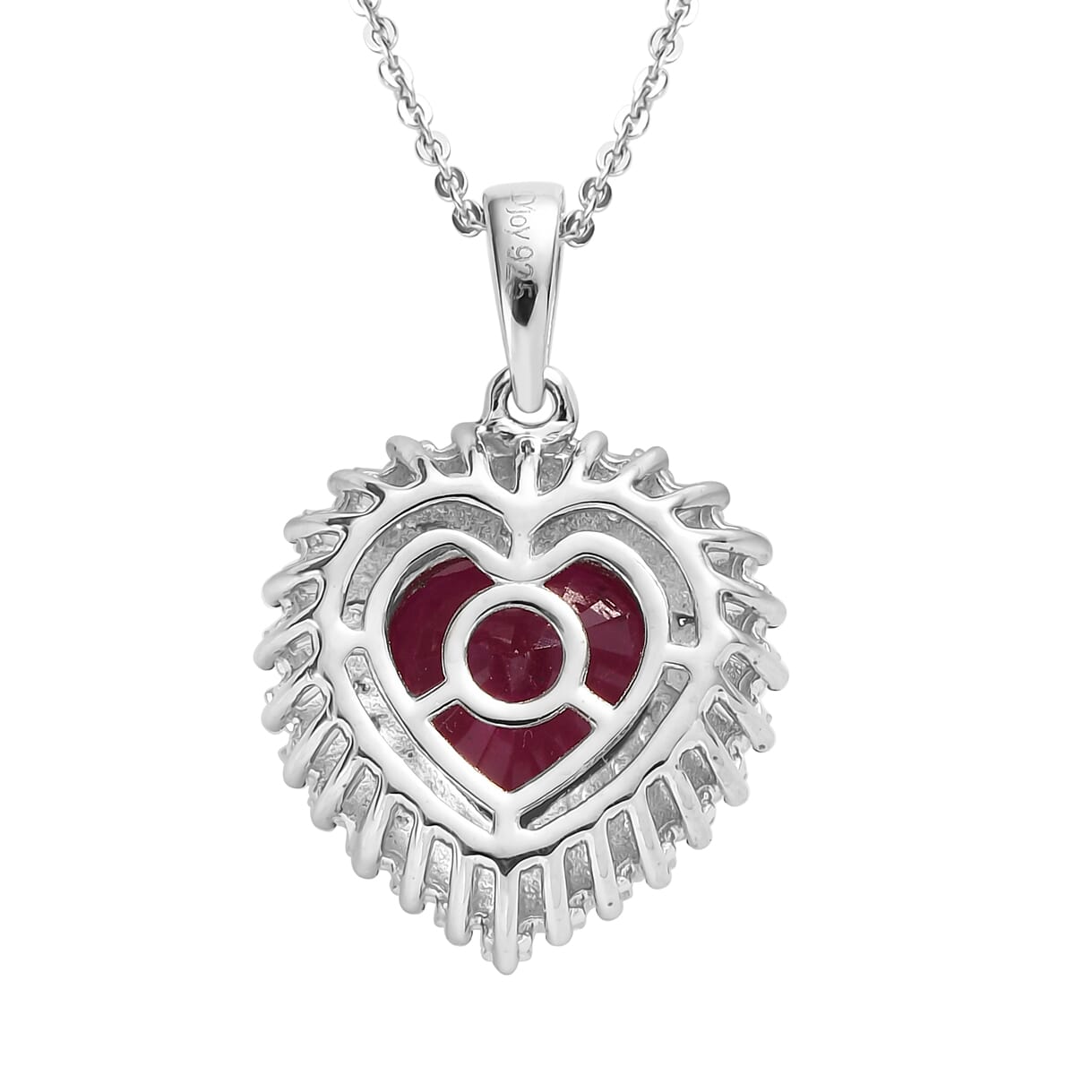AAA Niassa Ruby (FF) and Moissanite 6.15 ctw Heart Halo Pendant Necklace 20 Inches in Platinum Over Sterling Silver image number 4