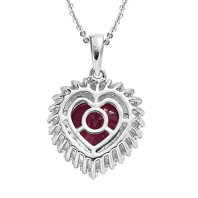 AAA Niassa Ruby (FF) and Moissanite 6.15 ctw Heart Halo Pendant Necklace 20 Inches in Platinum Over Sterling Silver