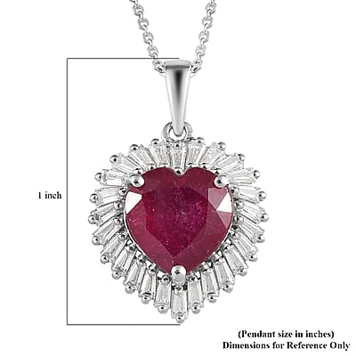 AAA Niassa Ruby (FF) and Moissanite 6.15 ctw Heart Halo Pendant Necklace 20 Inches in Platinum Over Sterling Silver