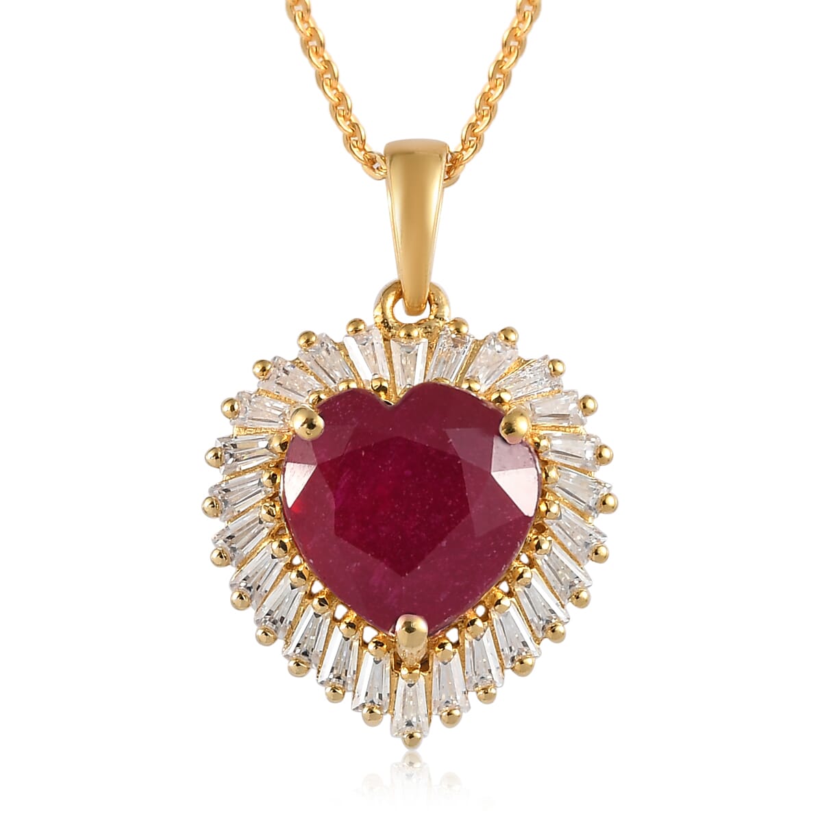 AAA Niassa Ruby (FF) and Moissanite 6.15 ctw Heart Halo Pendant Necklace 20 Inches in Vermeil Yellow Gold Over Sterling Silver image number 0