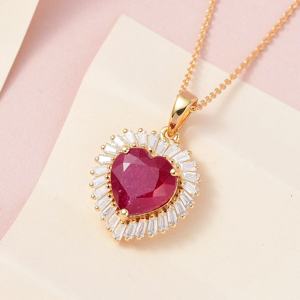 AAA Niassa Ruby (FF) and Moissanite 6.15 ctw Heart Halo Pendant Necklace 20 Inches in Vermeil Yellow Gold Over Sterling Silver image number 1