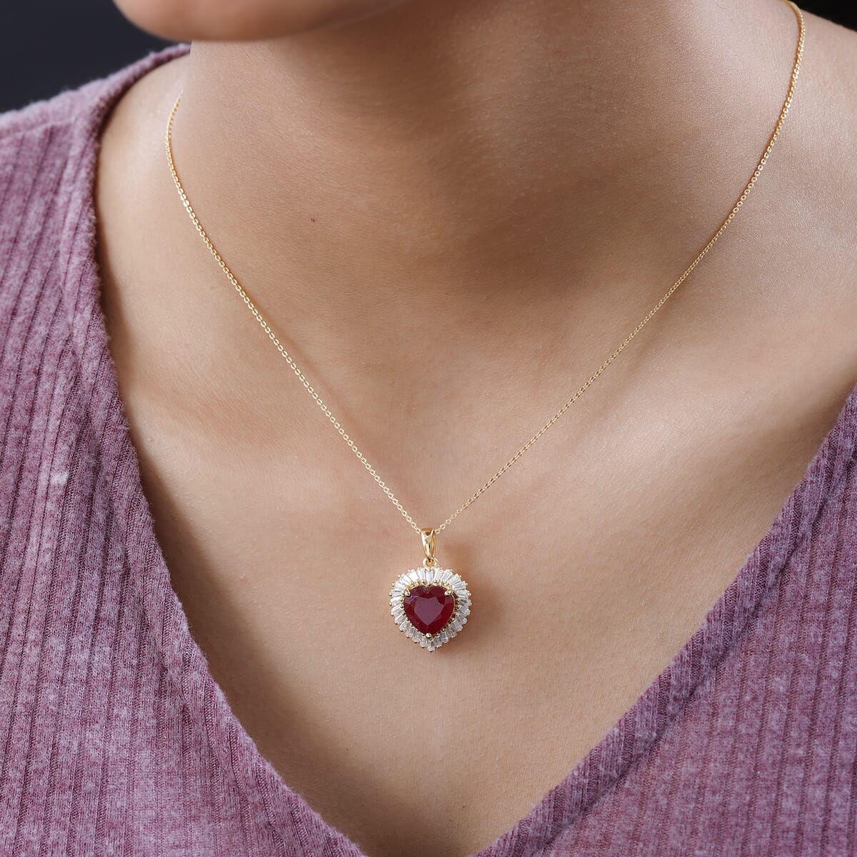 AAA Niassa Ruby (FF) and Moissanite 6.15 ctw Heart Halo Pendant Necklace 20 Inches in Vermeil Yellow Gold Over Sterling Silver image number 2