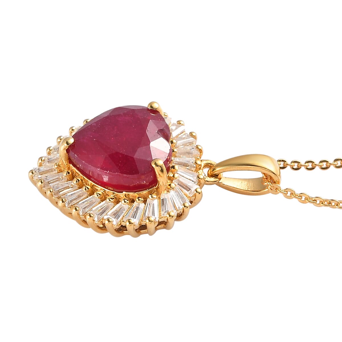 AAA Niassa Ruby (FF) and Moissanite 6.15 ctw Heart Halo Pendant Necklace 20 Inches in Vermeil Yellow Gold Over Sterling Silver image number 3