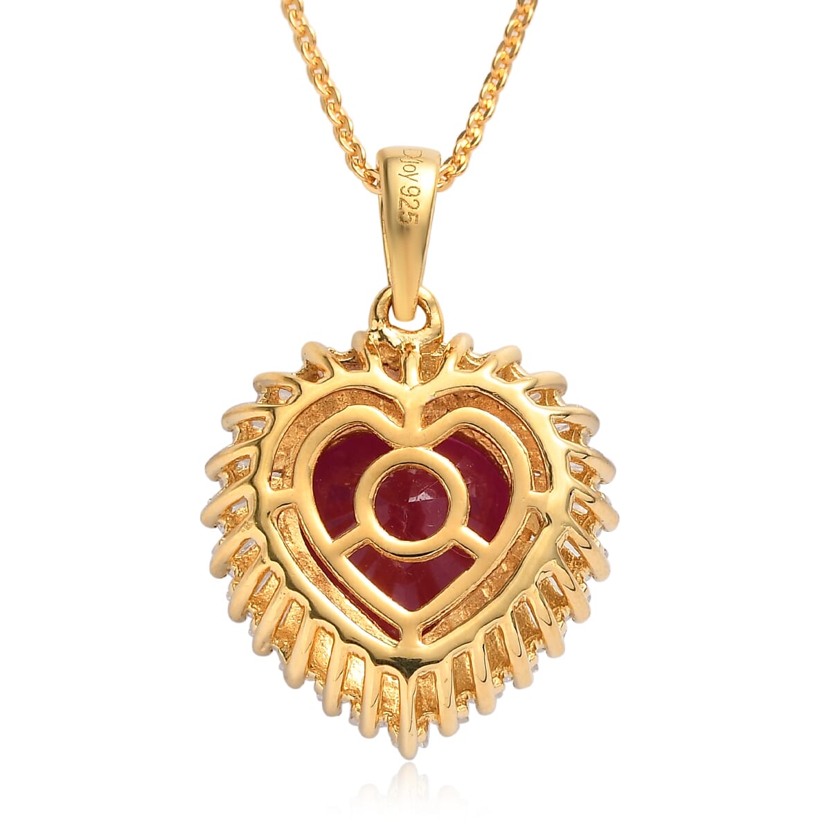 AAA Niassa Ruby (FF) and Moissanite 6.15 ctw Heart Halo Pendant Necklace 20 Inches in Vermeil Yellow Gold Over Sterling Silver image number 4
