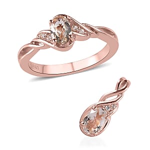 Premium Marropino Morganite and White Zircon Ring (Size 8.0) and Pendant in Vermeil Rose Gold Over Sterling Silver 0.85 ctw