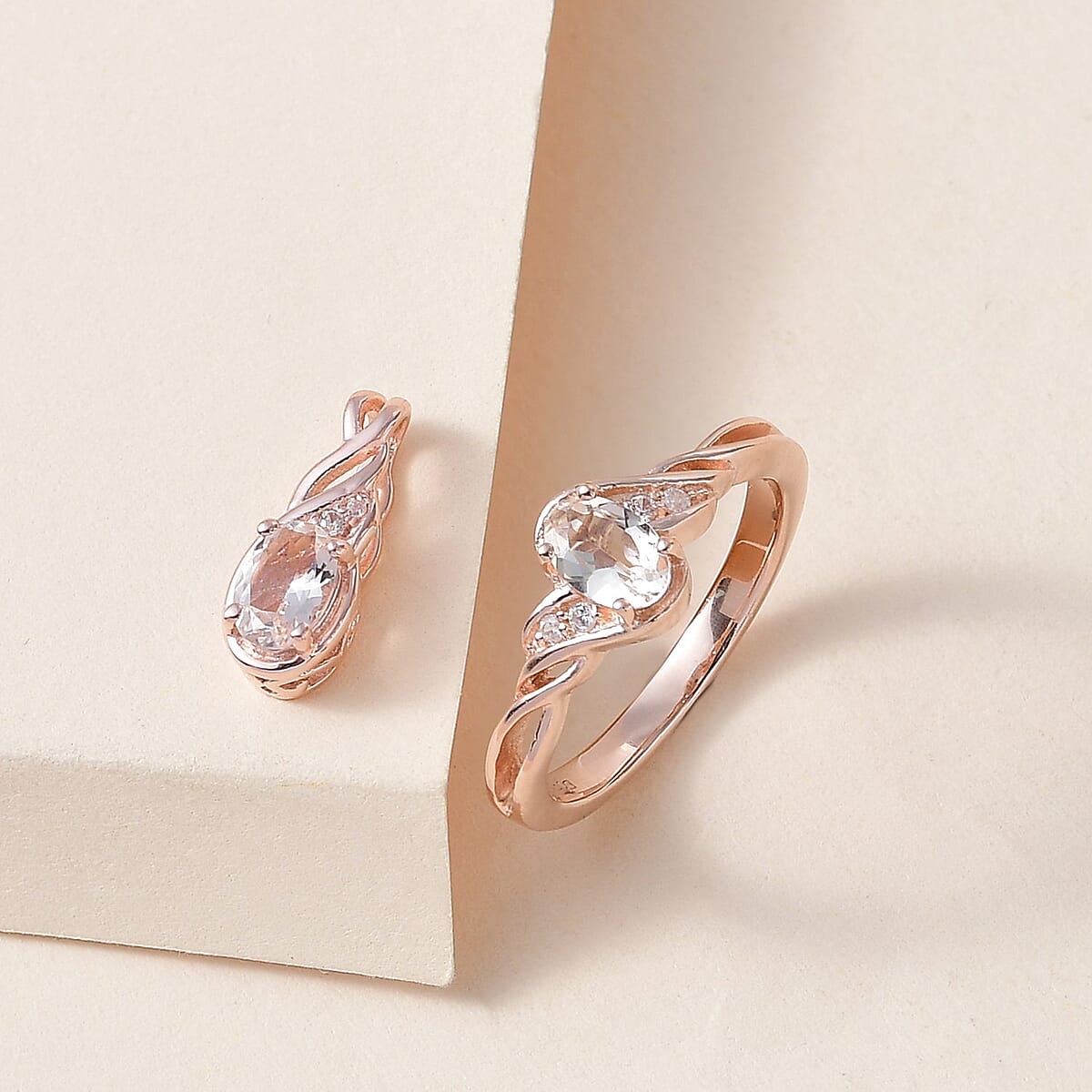 Premium Marropino Morganite and White Zircon Ring (Size 8.0) and Pendant in Vermeil Rose Gold Over Sterling Silver 0.85 ctw image number 1