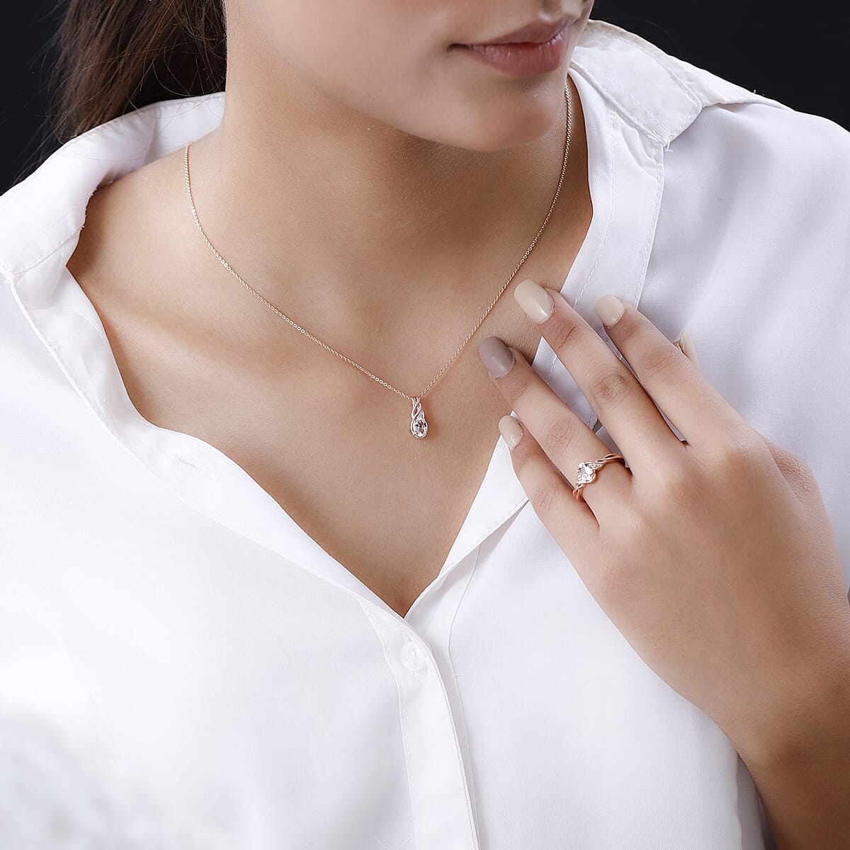 Premium Marropino Morganite and White Zircon Ring (Size 8.0) and Pendant in Vermeil Rose Gold Over Sterling Silver 0.85 ctw image number 2