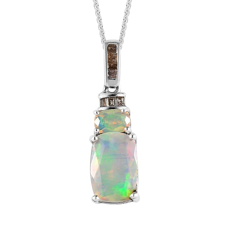 Premium Ethiopian Welo Opal and Natural Champagne Diamond Pendant Necklace 20 Inches in Platinum Over Sterling Silver 2.70 ctw