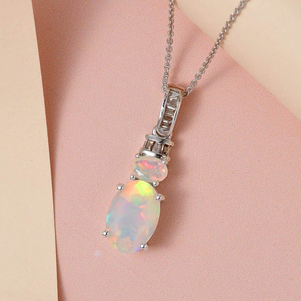 AAA Ethiopian Welo Opal and Natural Champagne Diamond Pendant Necklace 20 Inches in Rhodium & Platinum Over Sterling Silver 2.70 ctw image number 1