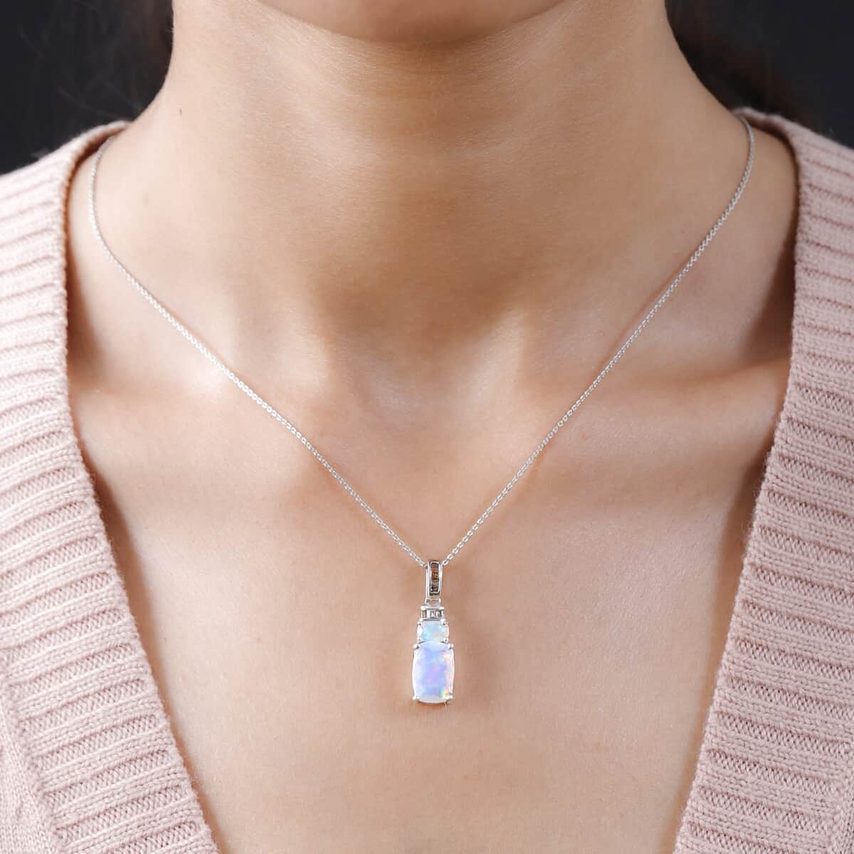 AAA Ethiopian Welo Opal and Natural Champagne Diamond Pendant Necklace 20 Inches in Rhodium & Platinum Over Sterling Silver 2.70 ctw image number 2