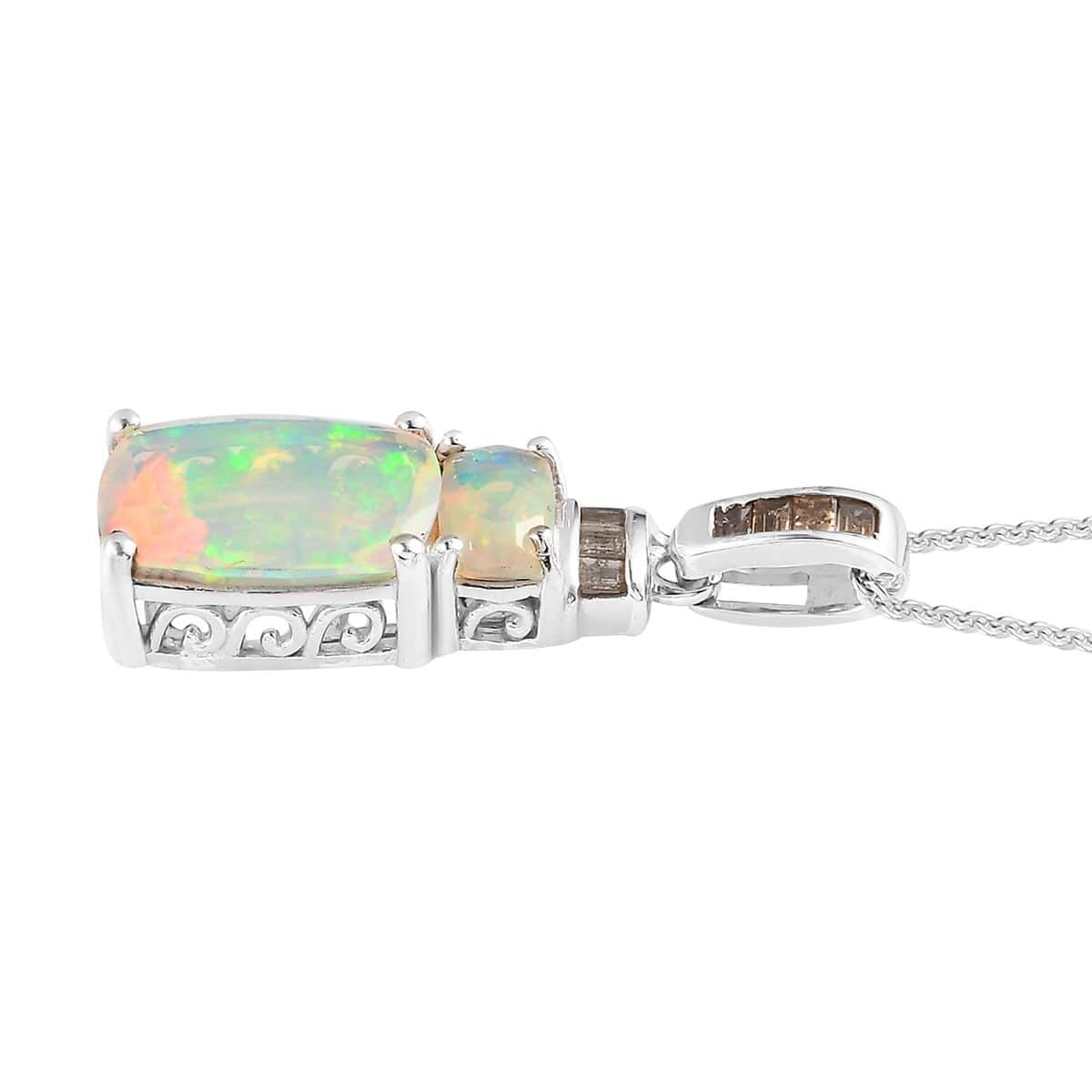 AAA Ethiopian Welo Opal and Natural Champagne Diamond Pendant Necklace 20 Inches in Rhodium & Platinum Over Sterling Silver 2.70 ctw image number 3