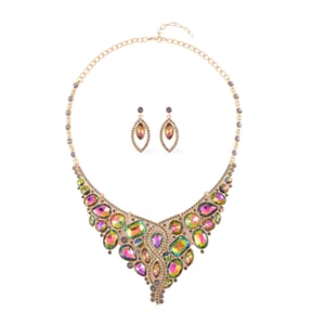 Mystic Green Glass and Austrian Crystal Necklace 20-22 Inches and Earrings in Goldtone