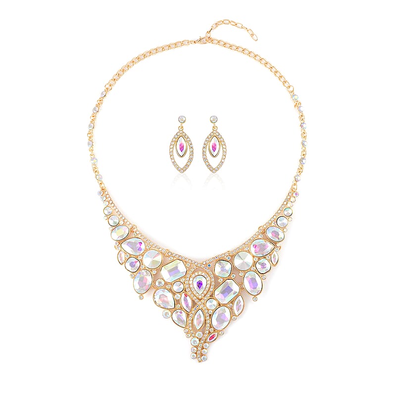 Aurora Borealis Color Glass and Austrian Crystal Necklace and Earrings in Goldtone 20-22 Inches