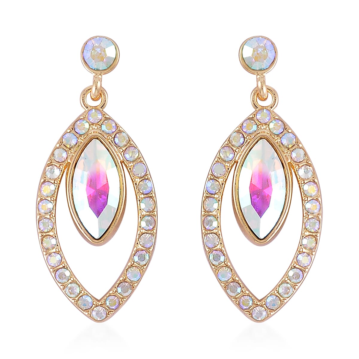 Aurora Borealis Color Glass and Austrian Crystal Necklace and Earrings in Goldtone 20-22 Inches