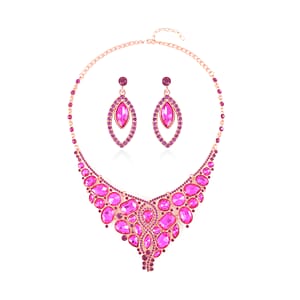 Fuchsia Color Glass and Austrian Crystal Necklace and Earrings in Rosetone 20-22 Inches