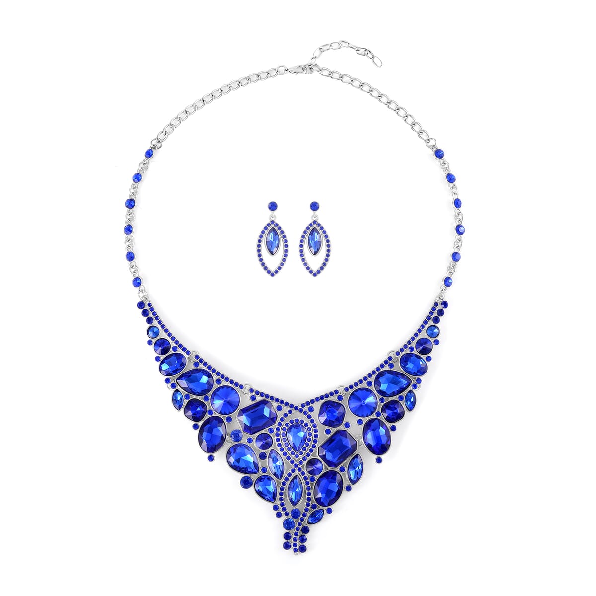 Sapphire Color Glass and Austrian Crystal Necklace 20-22 Inches and Earrings in Silvertone image number 0
