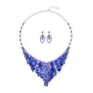 Sapphire Color Glass and Austrian Crystal Necklace 20-22 Inches and Earrings in Silvertone