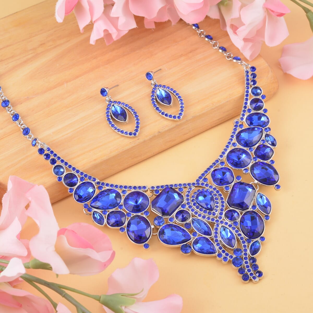 Sapphire Color Glass and Austrian Crystal Necklace 20-22 Inches and Earrings in Silvertone image number 1