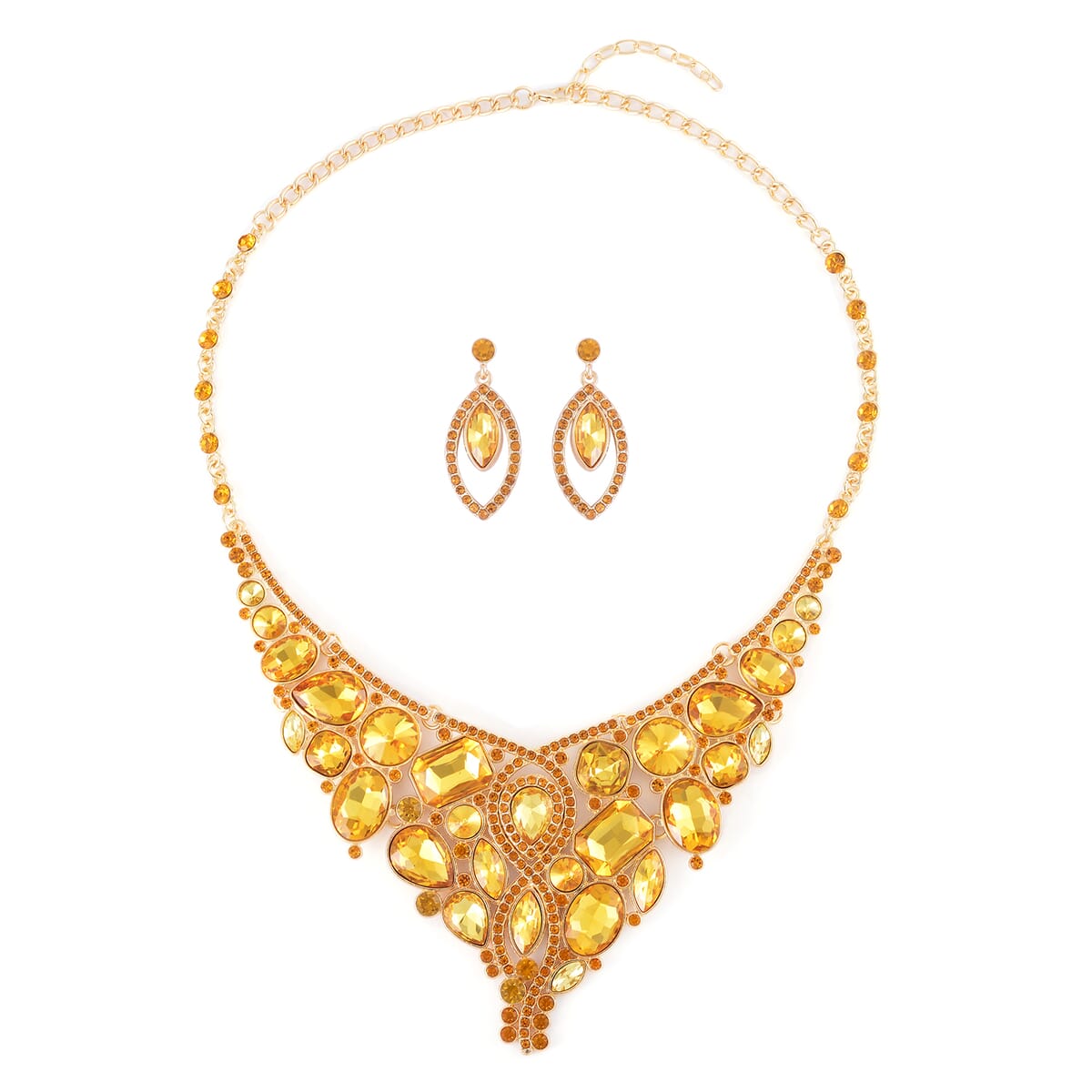 Yellow Diamond Color Glass and Yellow Austrian Crystal Necklace 20-22 Inches and Earrings in Goldtone image number 0