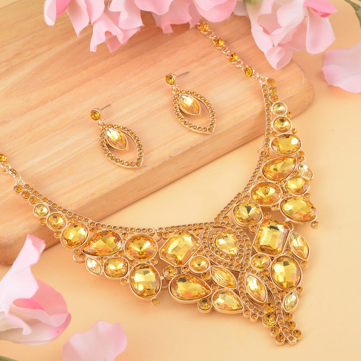 Yellow Diamond Color Glass and Yellow Austrian Crystal Necklace 20-22 Inches and Earrings in Goldtone image number 1