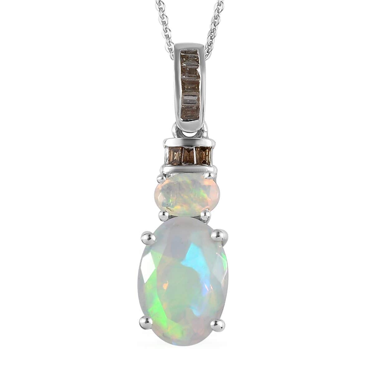 Premium Ethiopian Welo Opal and Natural Champagne Diamond Pendant Necklace 20 Inches in Rhodium & Platinum Over Sterling Silver 2.30 ctw image number 0