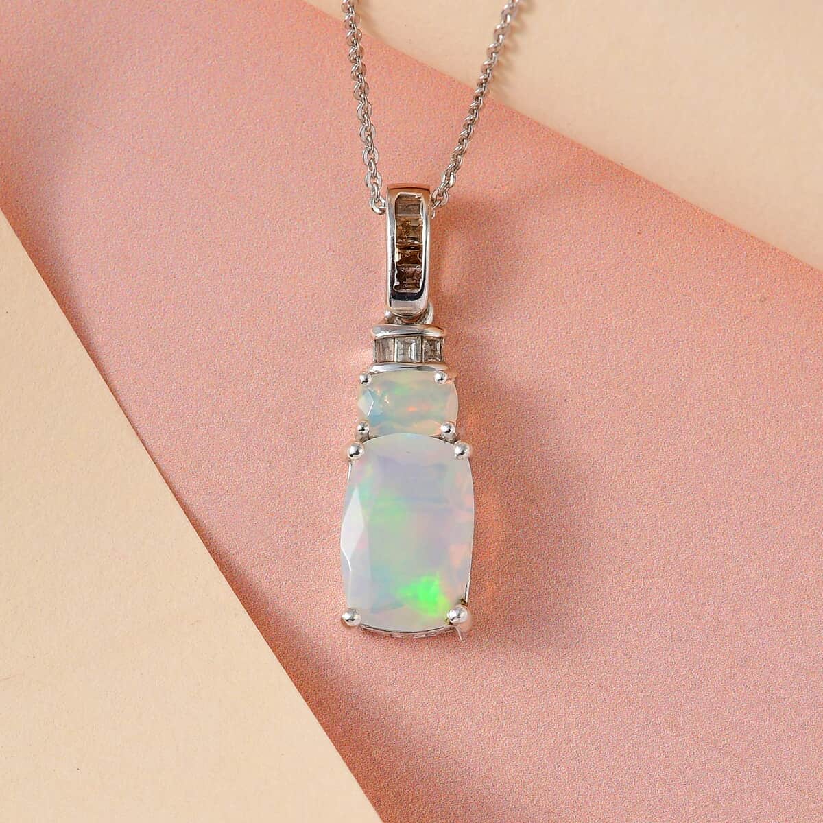 Premium Ethiopian Welo Opal and Natural Champagne Diamond Pendant Necklace 20 Inches in Rhodium & Platinum Over Sterling Silver 2.30 ctw image number 1