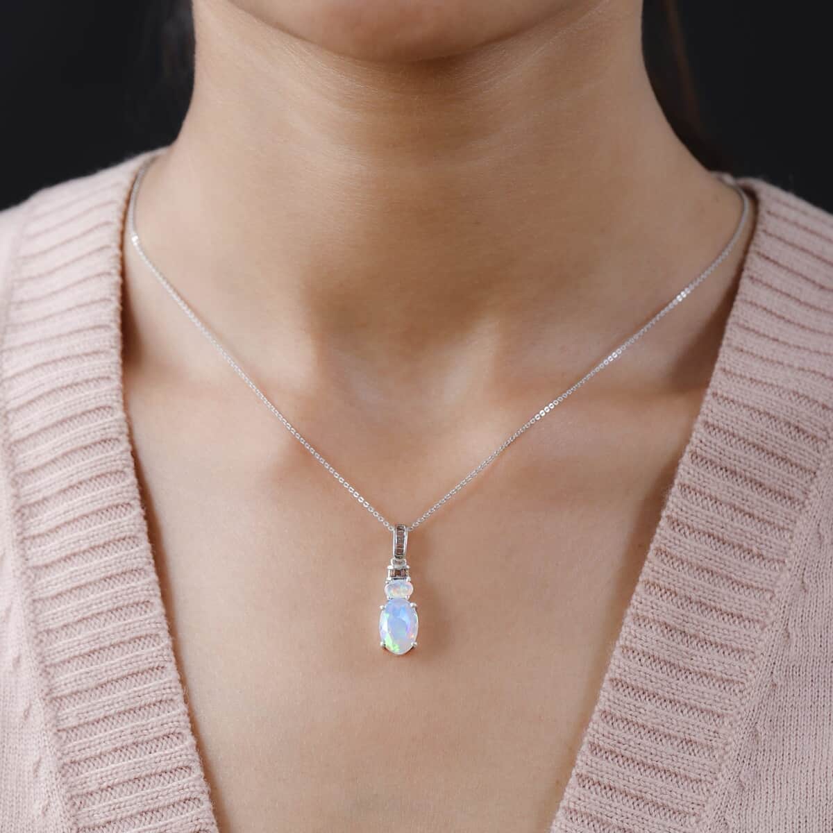 Premium Ethiopian Welo Opal and Natural Champagne Diamond Pendant Necklace 20 Inches in Rhodium & Platinum Over Sterling Silver 2.30 ctw image number 2