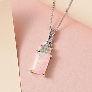 Premium Ethiopian Welo Opal and Natural Champagne Diamond Pendant Necklace 20 Inches in Platinum Over Sterling Silver 3.00 ctw